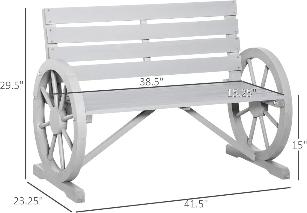 Outsunny 41" Wooden Wagon Wheel Bench, Rustic Outdoor Patio Weather Resistance Furniture, 2-Person Slatted Seat Bench with Backrest, Light Gray