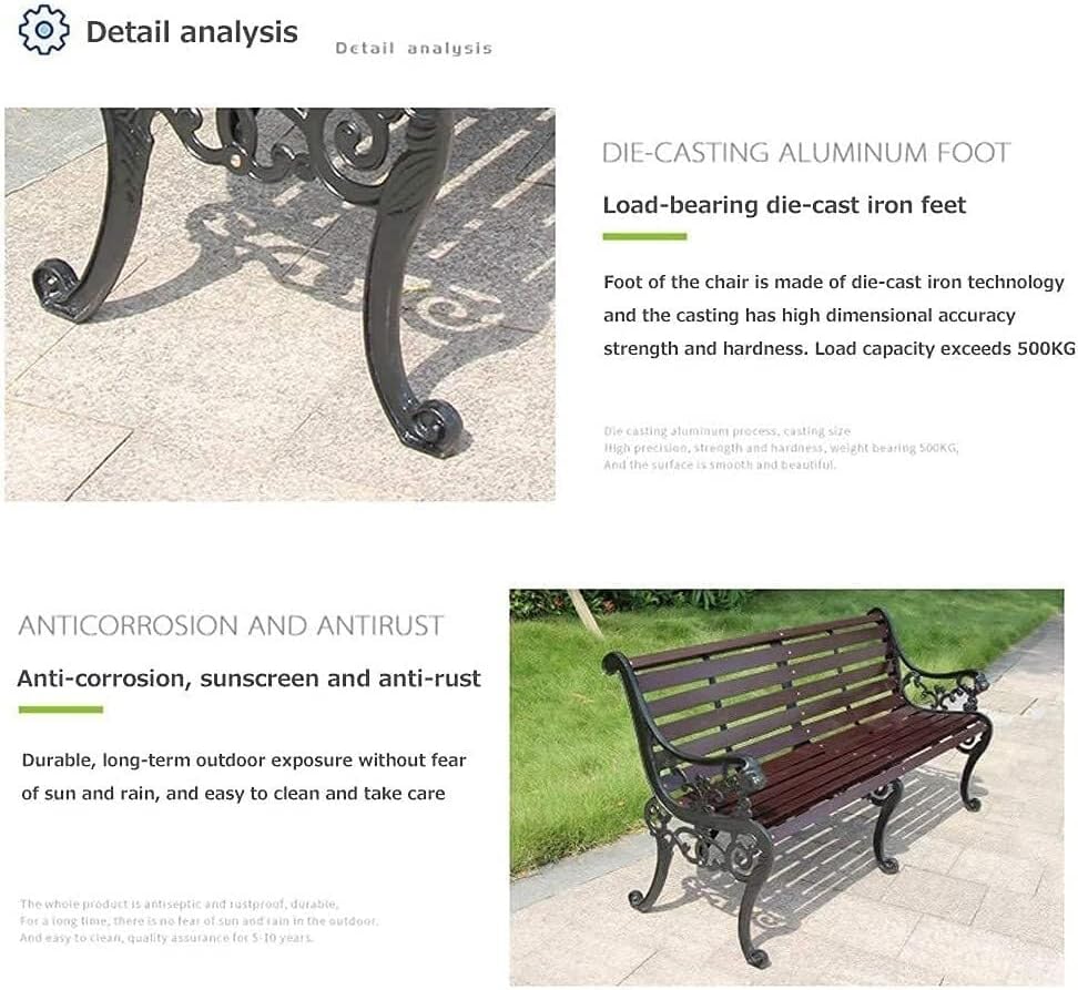 Outdoor Bench, Porch Bench, Garden Park Bench, Cast Aluminum Preservative Wood Bench with Backrest and Armrests for 2-3 People Porch/Deck/Patio Furniture(Brown+Black Legs,125CM)