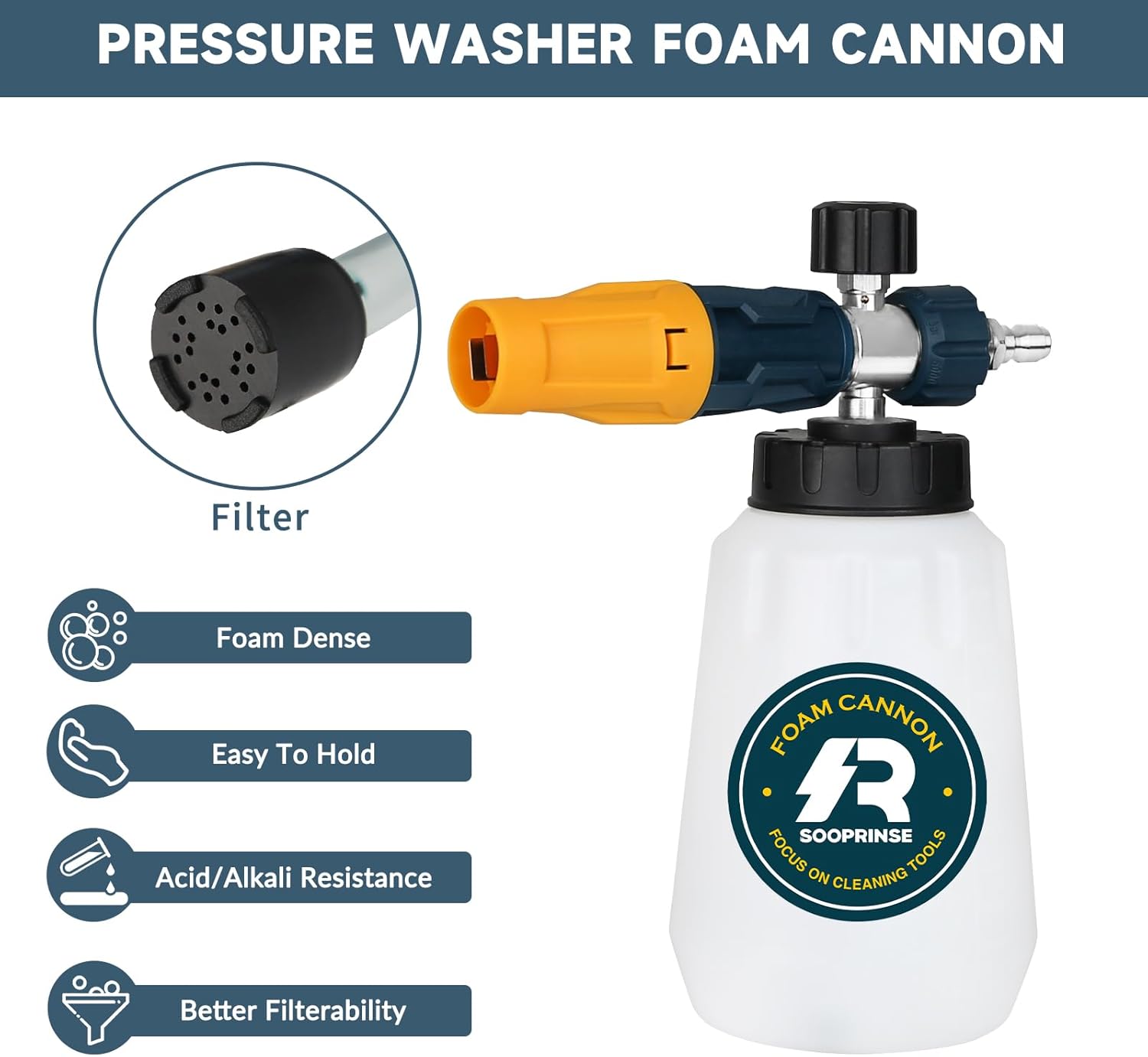 Sooprinse Foam Cannon with 1/4 Inch Quick Connector, Heavy Duty Car Foam Blaster Wide Neck Adjustable Snow Foam Lance for Pressure Washer, 5 Pressure Washer Nozzle Tips, 1 Liter