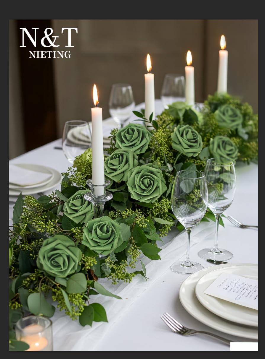 N&T NIETING Roses Artificial Flowers, 25pcs Artificial Flowers Foam Flowers with Stems for DIY Cake Decoration Wedding Party Home Decoration, Army Green