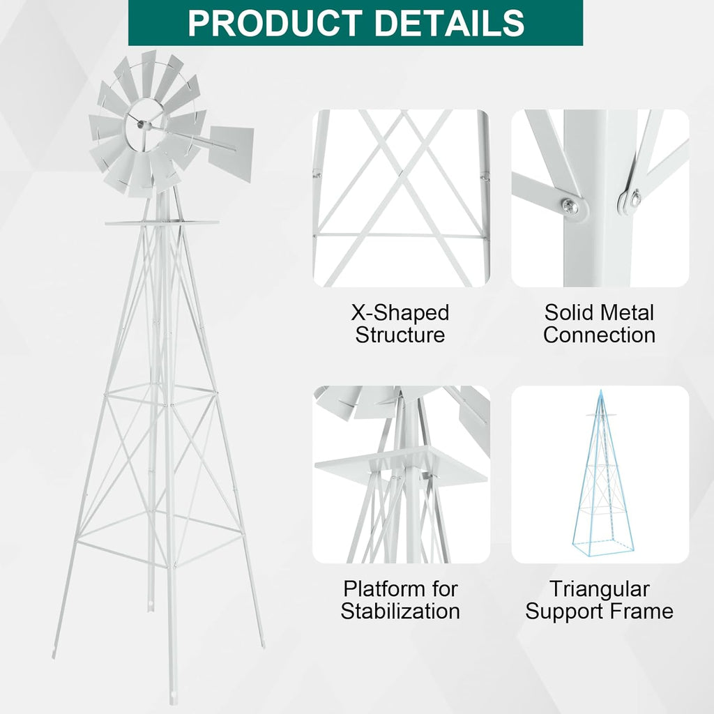 8FT Garden Windmill, Heavy Duty Metal Weather Vane, Yard Ornamental Wind Spinner, Wind Mill Decoration for Backyard Weather Resistant (White, 8ft)
