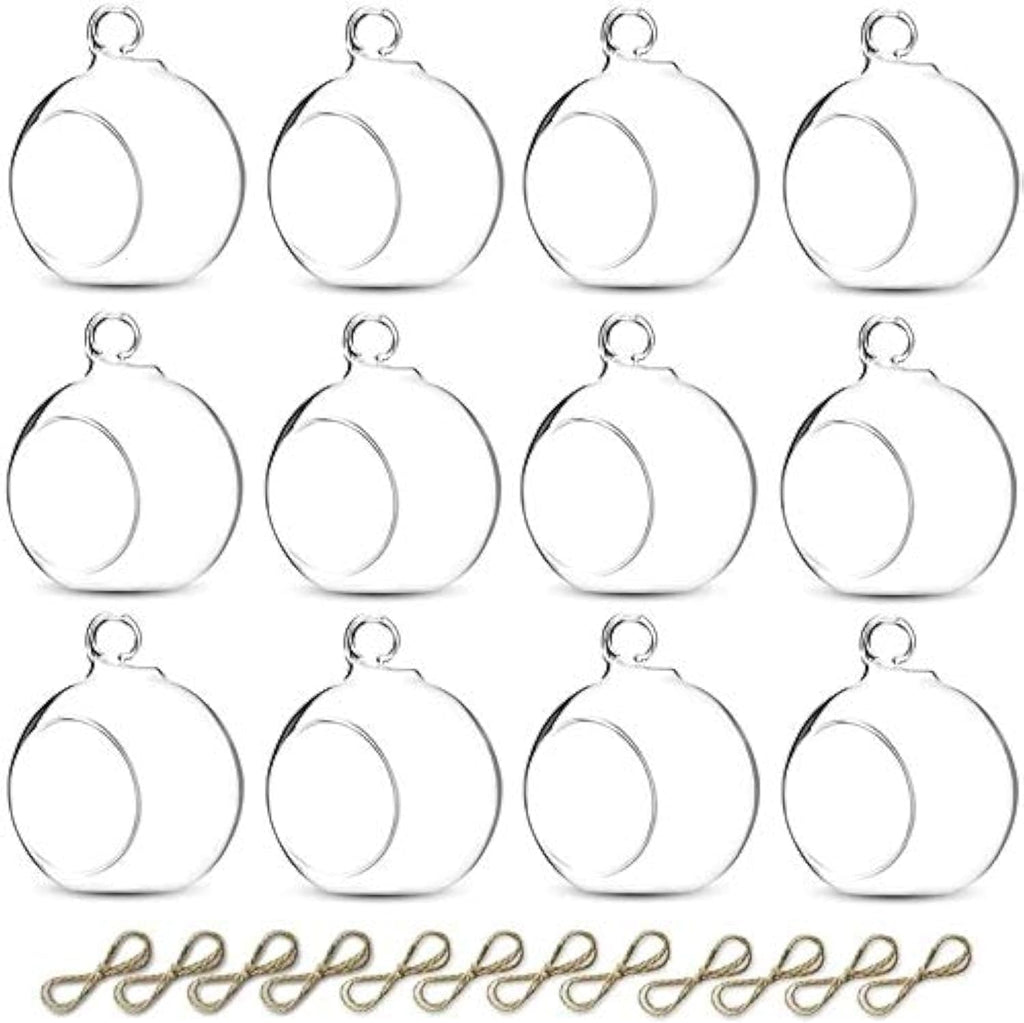 Sziqiqi Hanging Glass Globes Orbs Tea Light Candle Holders fillable with Trinkets for Wedding Ornaments, Wedding Birthday Christmas Party Centerpiece Accessory 2.36inch 10pcs +2 Extra
