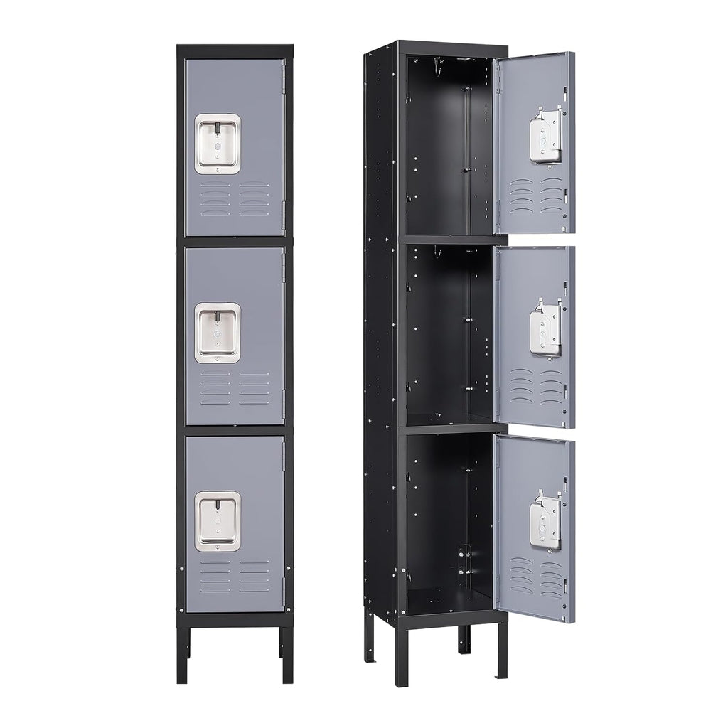 Yizosh Metal Lockers for Employees with Lock, Employees Locker Storage Cabinet with 3 Doors, Tall Steel Storage Locker for Gym, School, Office (Gray Black, 3 Door)
