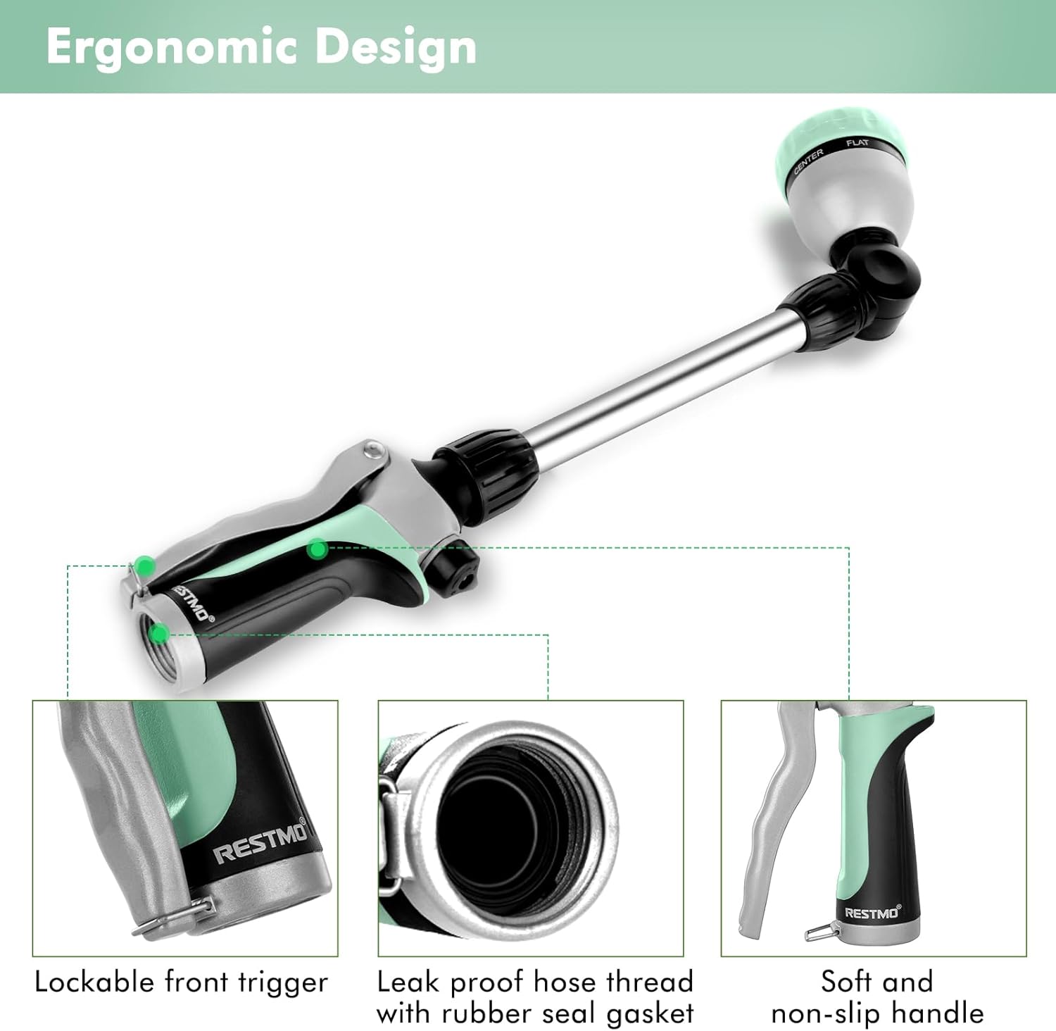 RESTMO Metal Watering Wand, Heavy Duty Garden Hose Wand with 180° Swivel Ratcheting Head, 16'' Hose Nozzle Sprayer with 7 Spray Patterns and Flow Control, for Water Hanging Baskets and Shrubs, Cyan