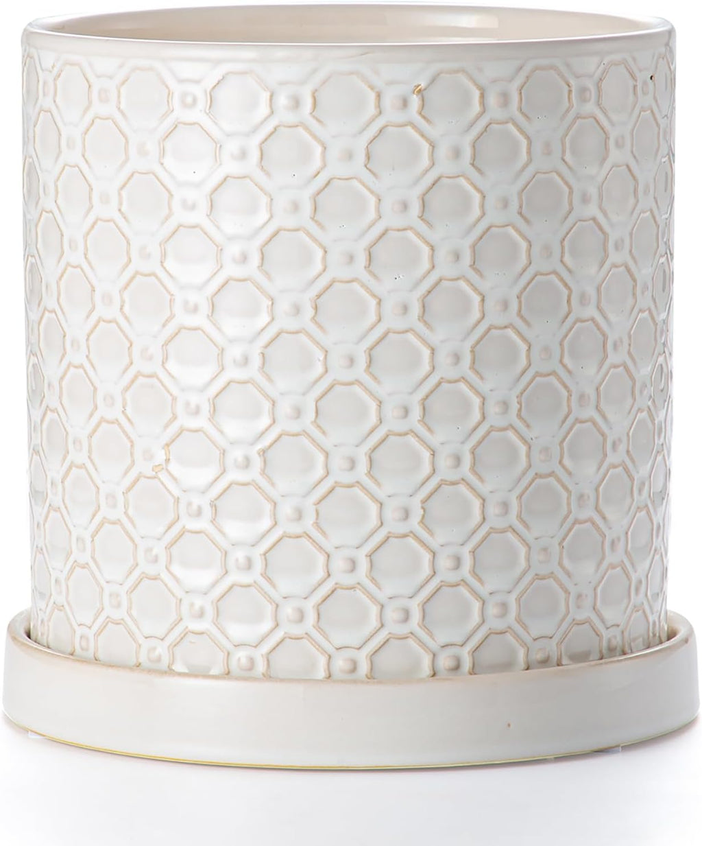 8 Inch Plant Pot: Ceramic Planter with Drainage Hole & Saucer Indoor Outdoor Plants - Cylinder Round Flower Pot for Home Office - Modern Decorative - Medium White