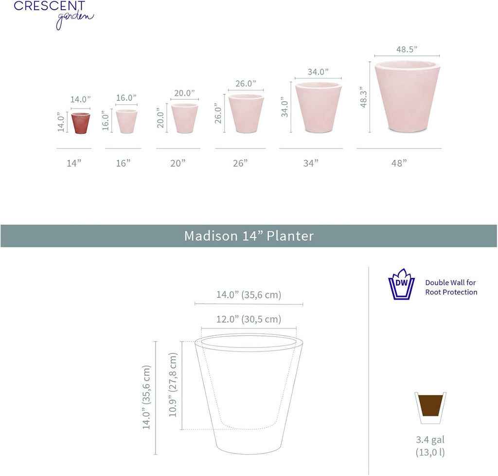 Crescent Garden Madison Planter– Weather-Resistant, Double Walled Indoor/Outdoor Plant Pot with Drain Hole – Durable All-Season Flower Container, 14" W (Old Bronze)