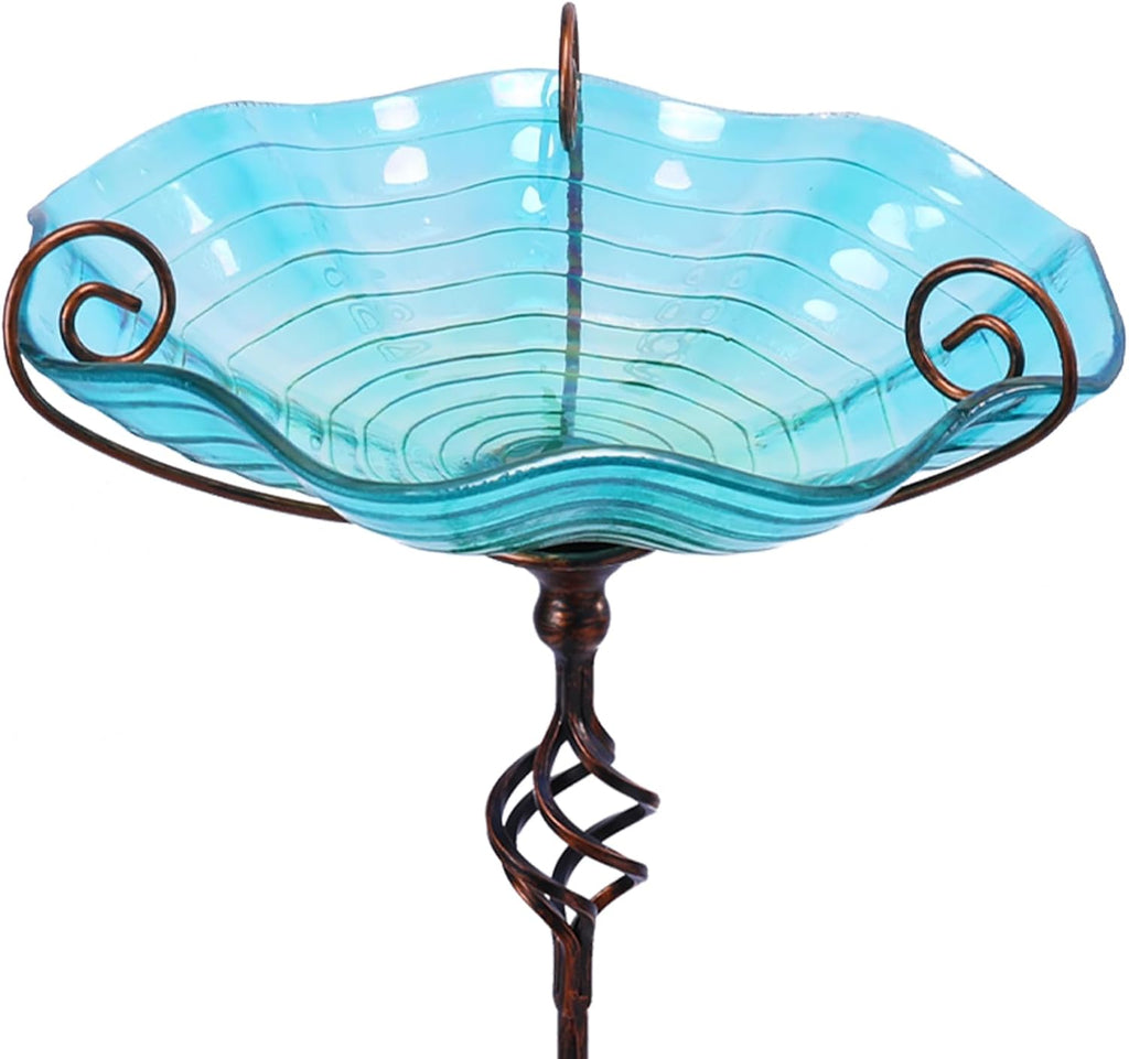 MUMTOP 31 Inch Height Glass Birdbaths, Outdoor Bird Bath Birdfeeder with Metal Stake Garden Yard Outside, Blue