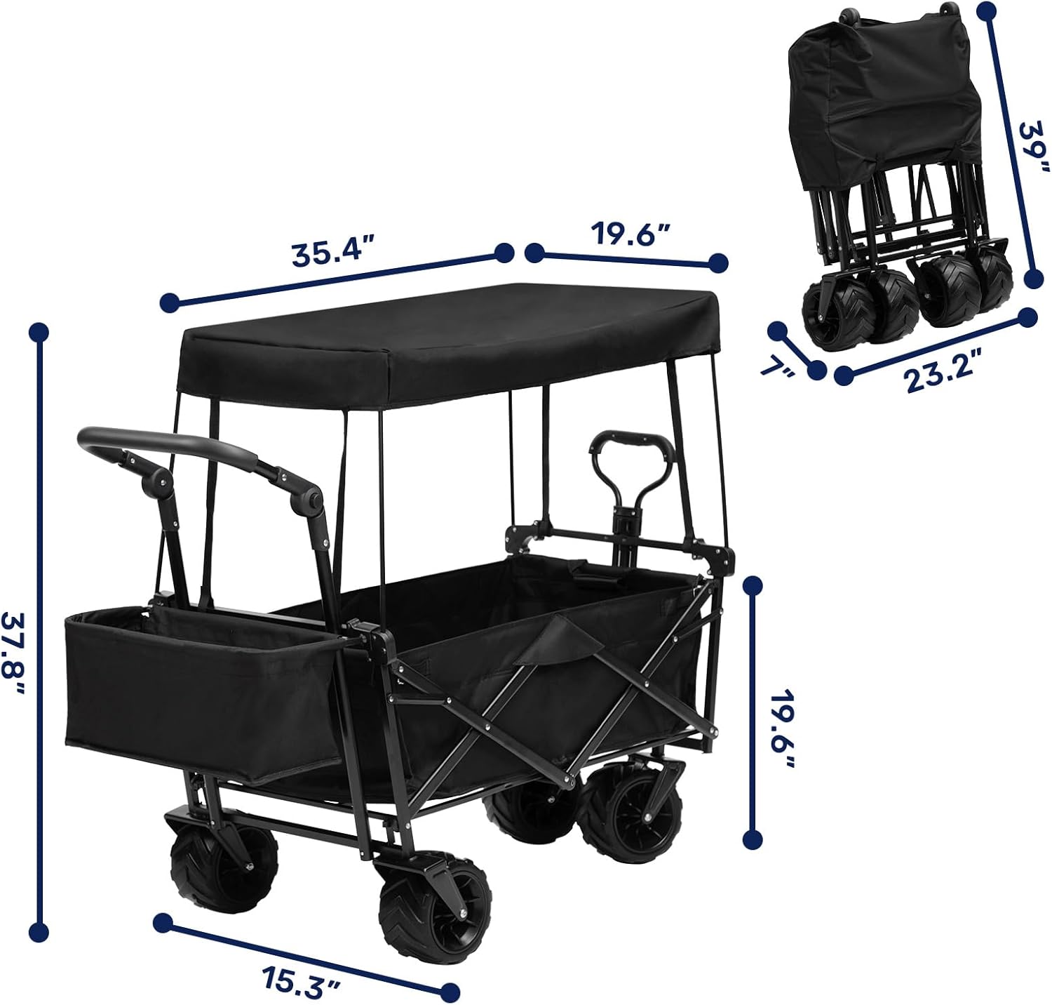 ALIMORDEN Foldable Canopy Wagon Garden Cart, Heavy Duty Outdoor Utility Collapsible Tool Cart with Removable Canopy and Big Wheels, Black