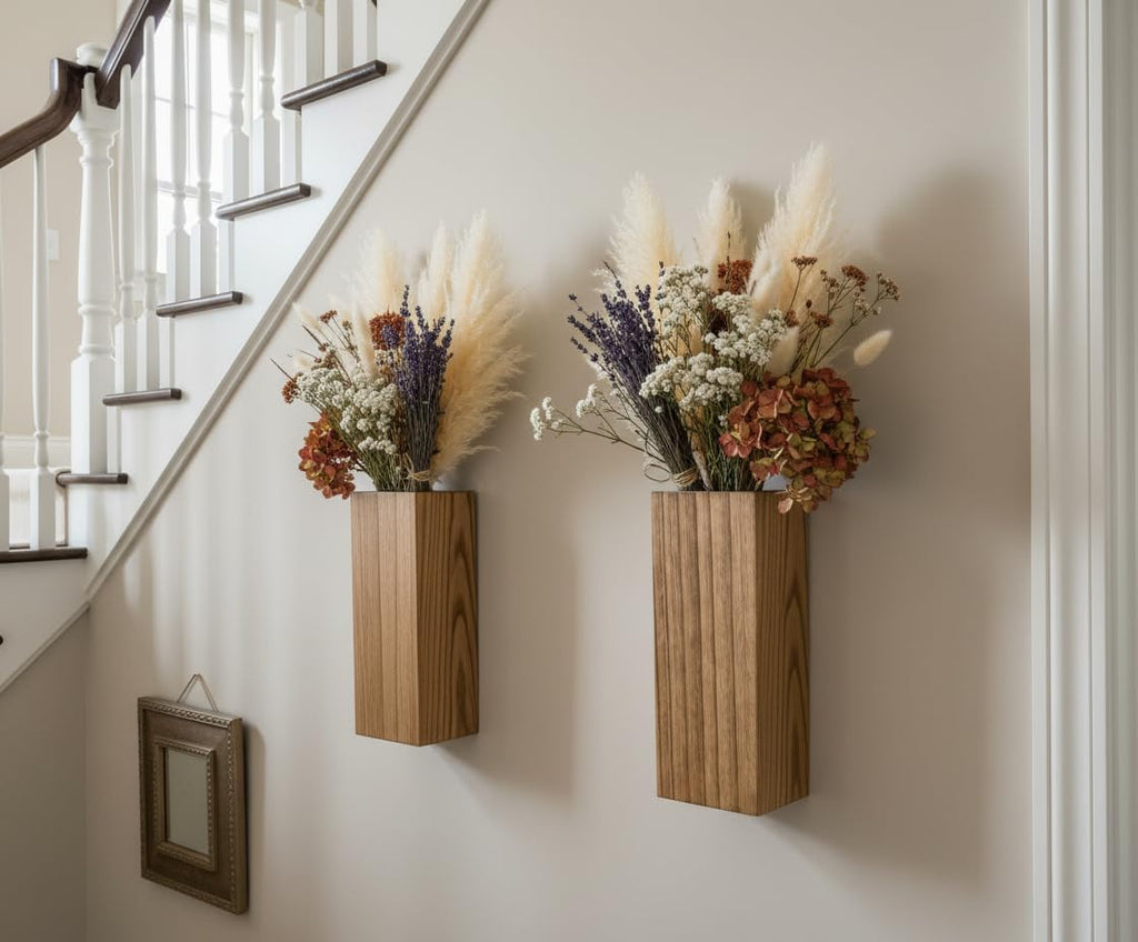 2 Pieces Wooden Wall Hanging Plant Pots Vase Contains Artificial Green Plants for Indoor Fake Plants Greenery Flowers, Modern Planters for Bathroom, Living Room, Kitchen Decor, (Wood Color)