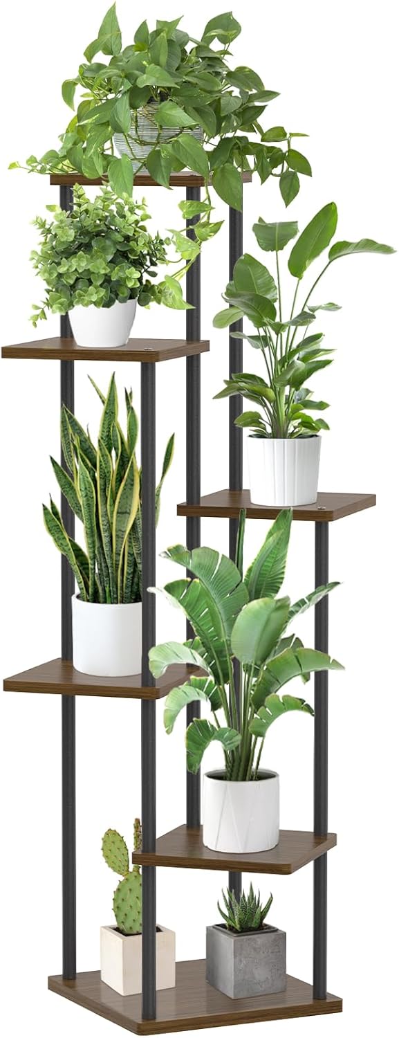 6 Tier Plant Stand Indoor, Tall Metal Wood Muti-Level Planter Shelf Holder, Sturdy Large Vertical Corner Orchid Flower Pot Display Rack for Narrow House Decor Office Living Room Bedroom, Oak