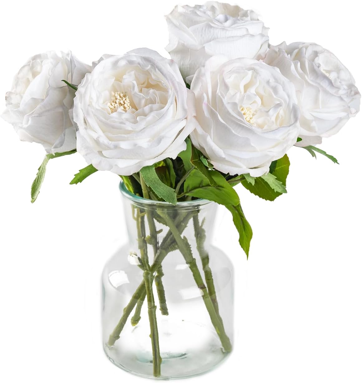 DuHouse 5Pcs Silk Roses Fake White Roses with Stems Real Touch Rose Artificial Flowers for Arrangement Wedding Party Home Decoration