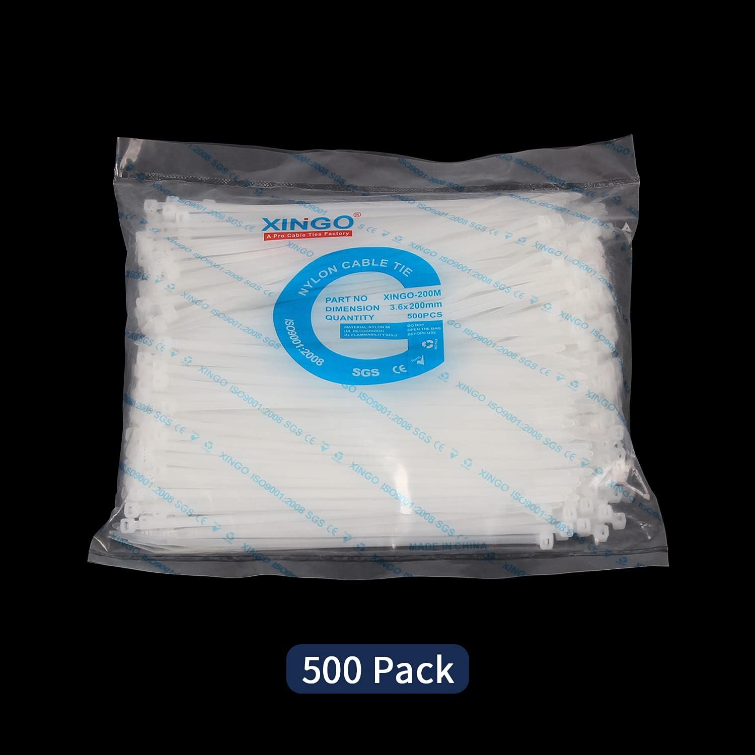 XINGO 8 Inch White Cable Zip Ties (500 Pack), 40 Lbs Tensile Strength-Heavy Duty, Self-Locking Nylon Plastic Nylon Wire Ties for indoor and outdoor use