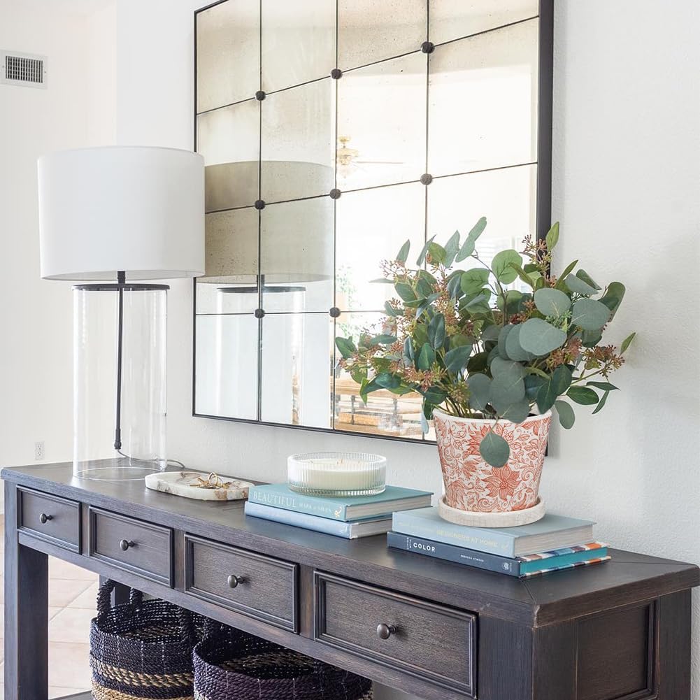 Set of 2 Ceramic Pink Orange Plant Pots with Drainage Hole and Saucers, Vintage Farmhouse Accent Planters for Indoor Plants, Round Flower Pots Rustic Succulent Pot Terracotta Tubs 5.7/4.7 Inch