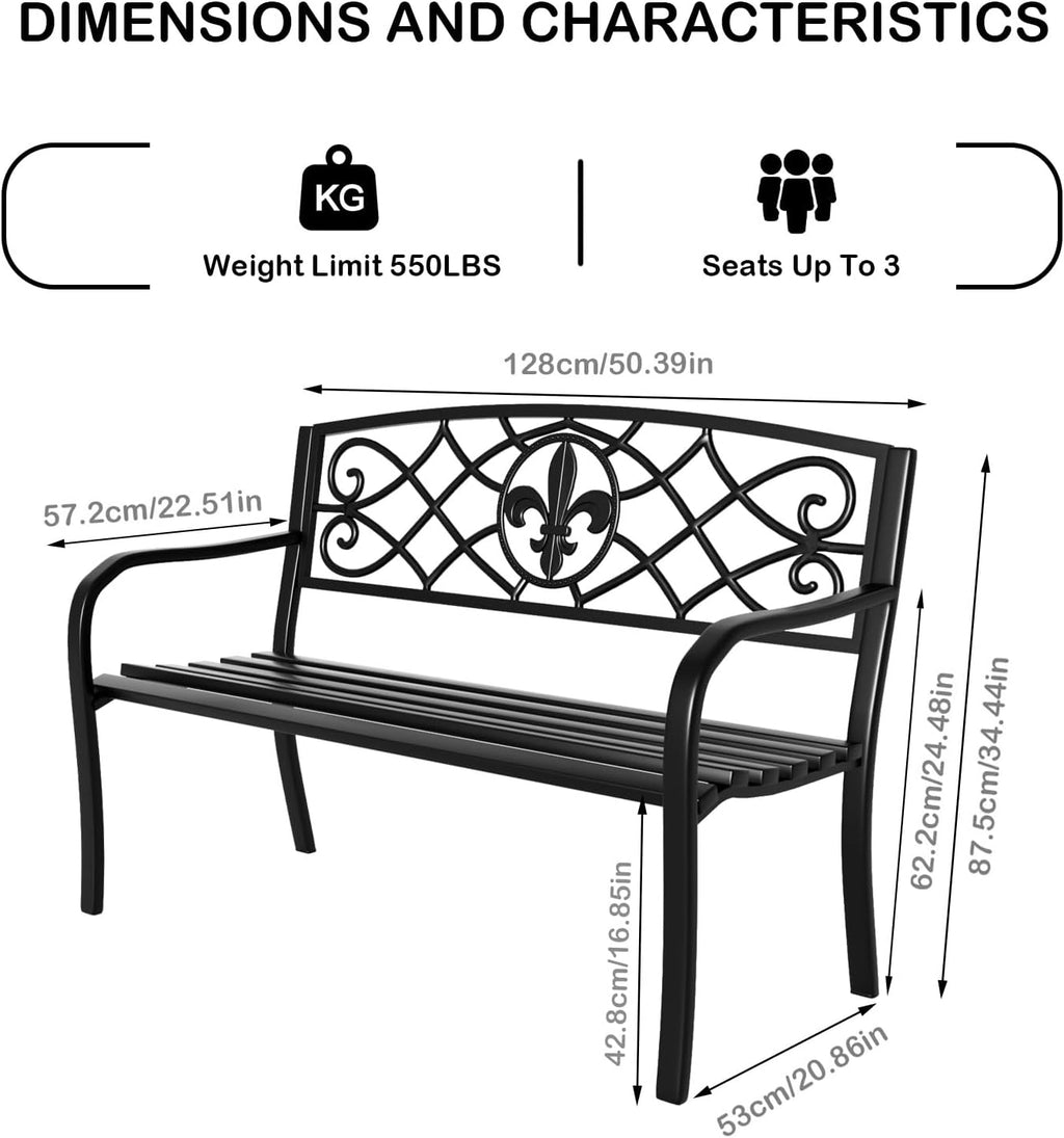 YLGJ&TIDY 50" Outdoor Bench, Metal Garden Bench, Patio Park Bench with Backrest & Armrests, Rust-Resistant, Perfect for Gardens, Parks, Porch, Lawn and Yard (BENCH01)