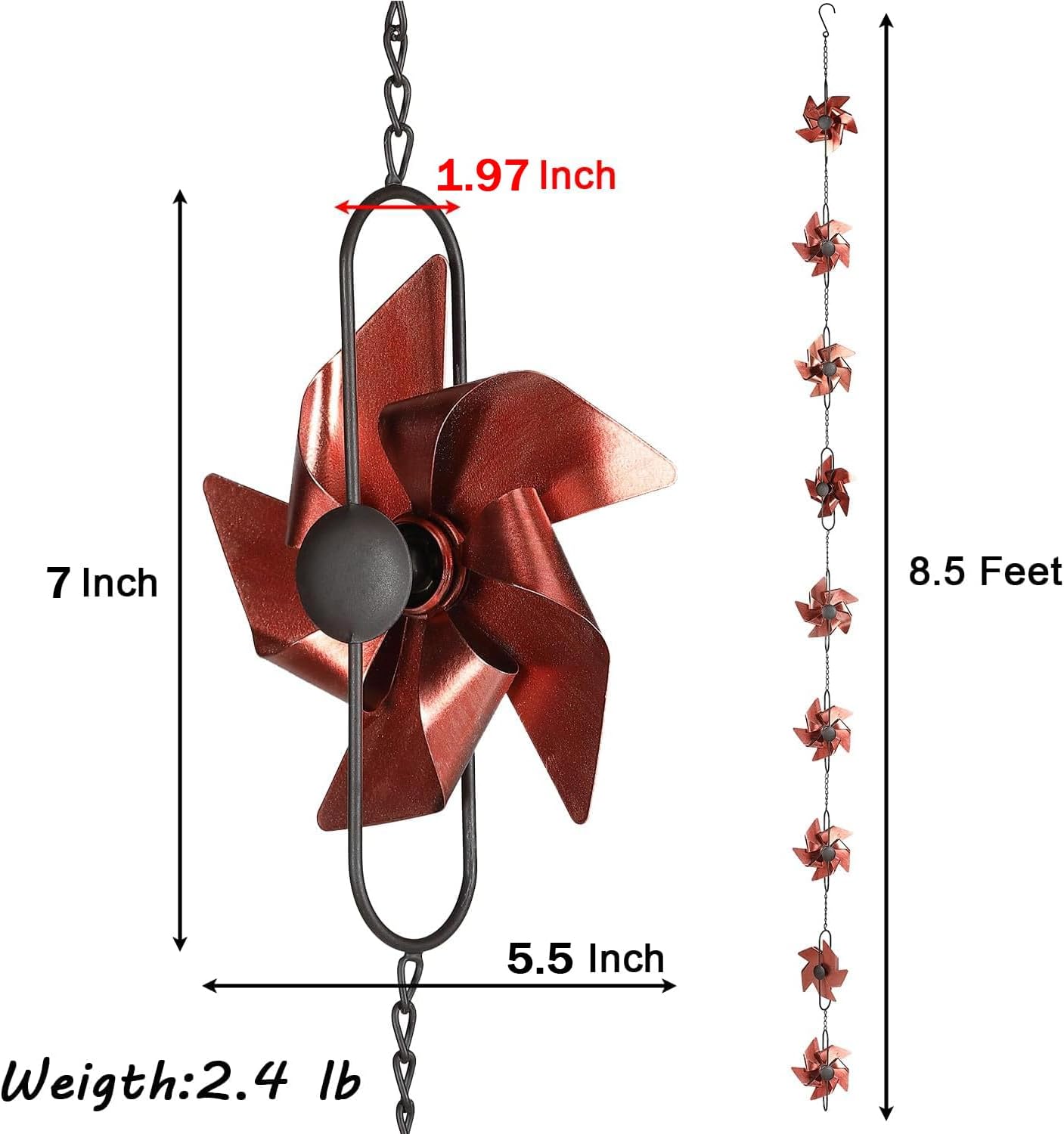 8.5FT Rain Chain, Metal Pinwheel Rain Chains for Gutters Downspouts, Rain Gutter Chain Downspout for Outside Garden, Functional and Decorative Replacement Hanging Rain Catcher Chains