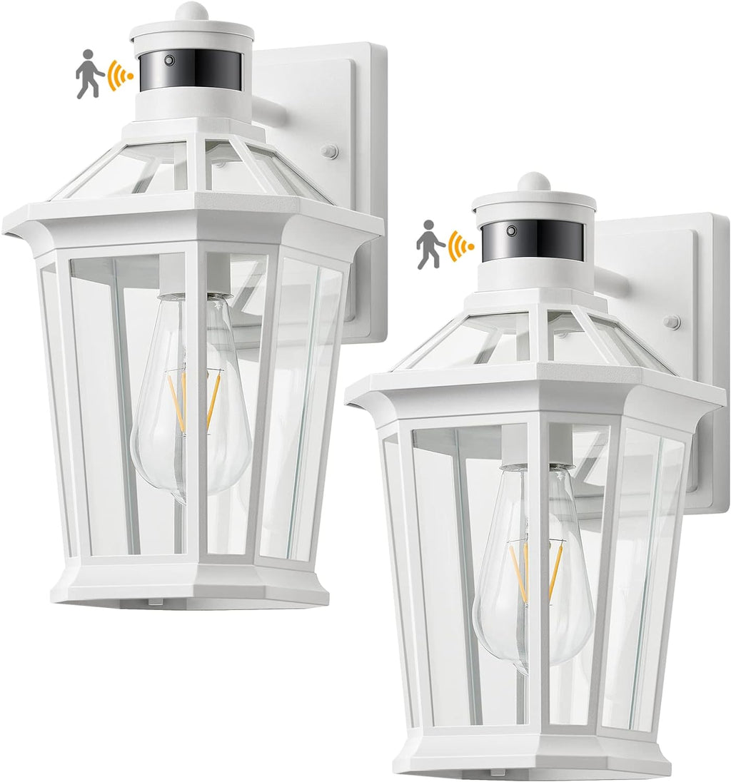 VIANIS Motion Sensor Outdoor Light Fixtures Wall Mount, 2 Pack White Dusk to Dawn Exterior Wall Lantern, Anti-Rust Wall Mount Lighting with Clear Glass Shade for House, Entryway, Front Door