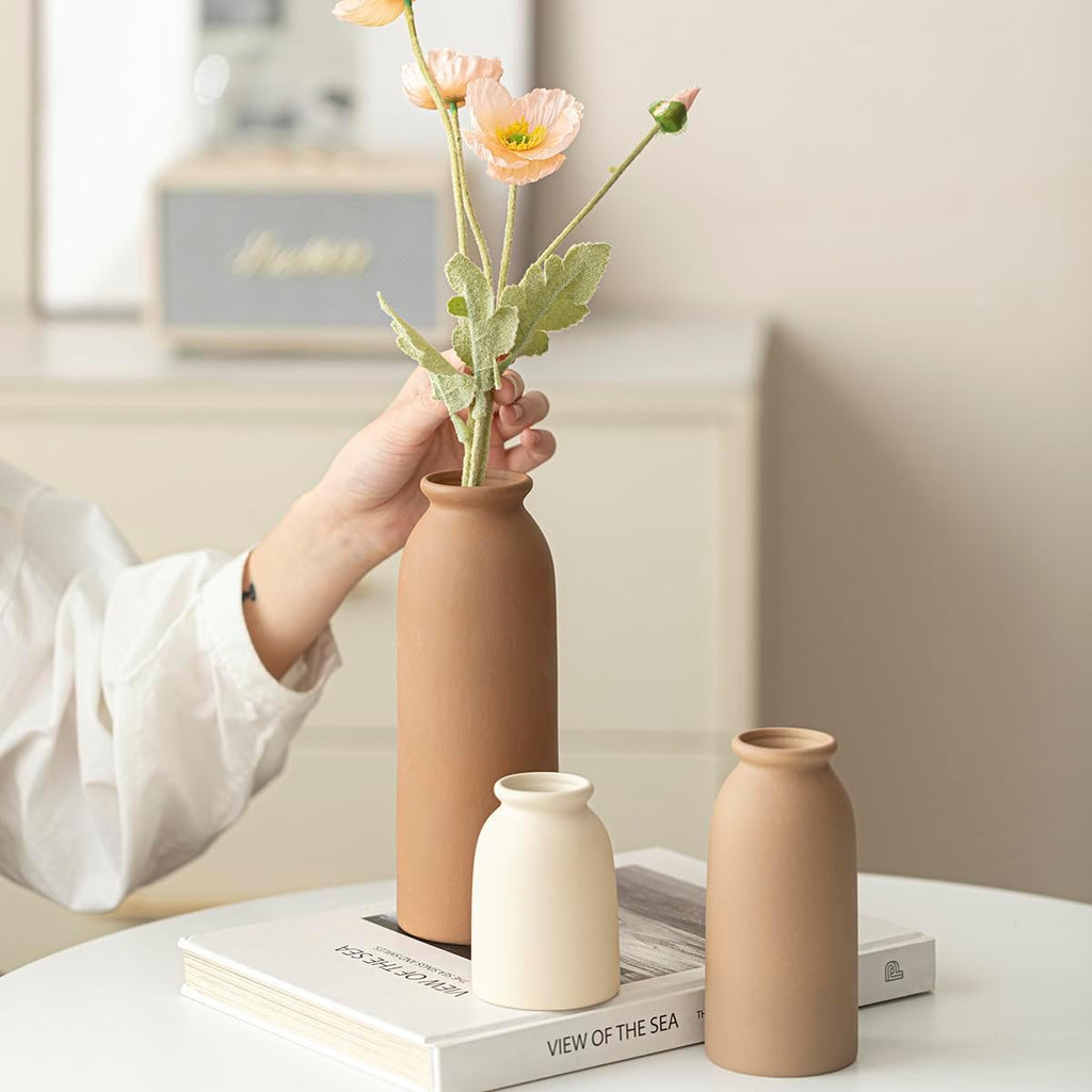 Ceramic Vase Set-3, Small Flower Vases for Decor, Modern Boho Farmhouse Style, Decorative Vases for Pampas Grass & Dried Flowers, Distressed Finish (Earth Tone)