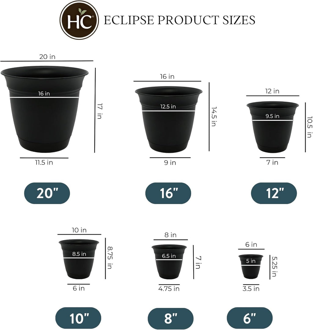 The HC Companies Eclipse Round Planter with Saucer - Outdoor & Indoor Plant Pot with Drainage Holes - Lightweight, UV-Resistant Plastic Pots for Plants, Flowers & Herbs (10" Black, Pack of 1)