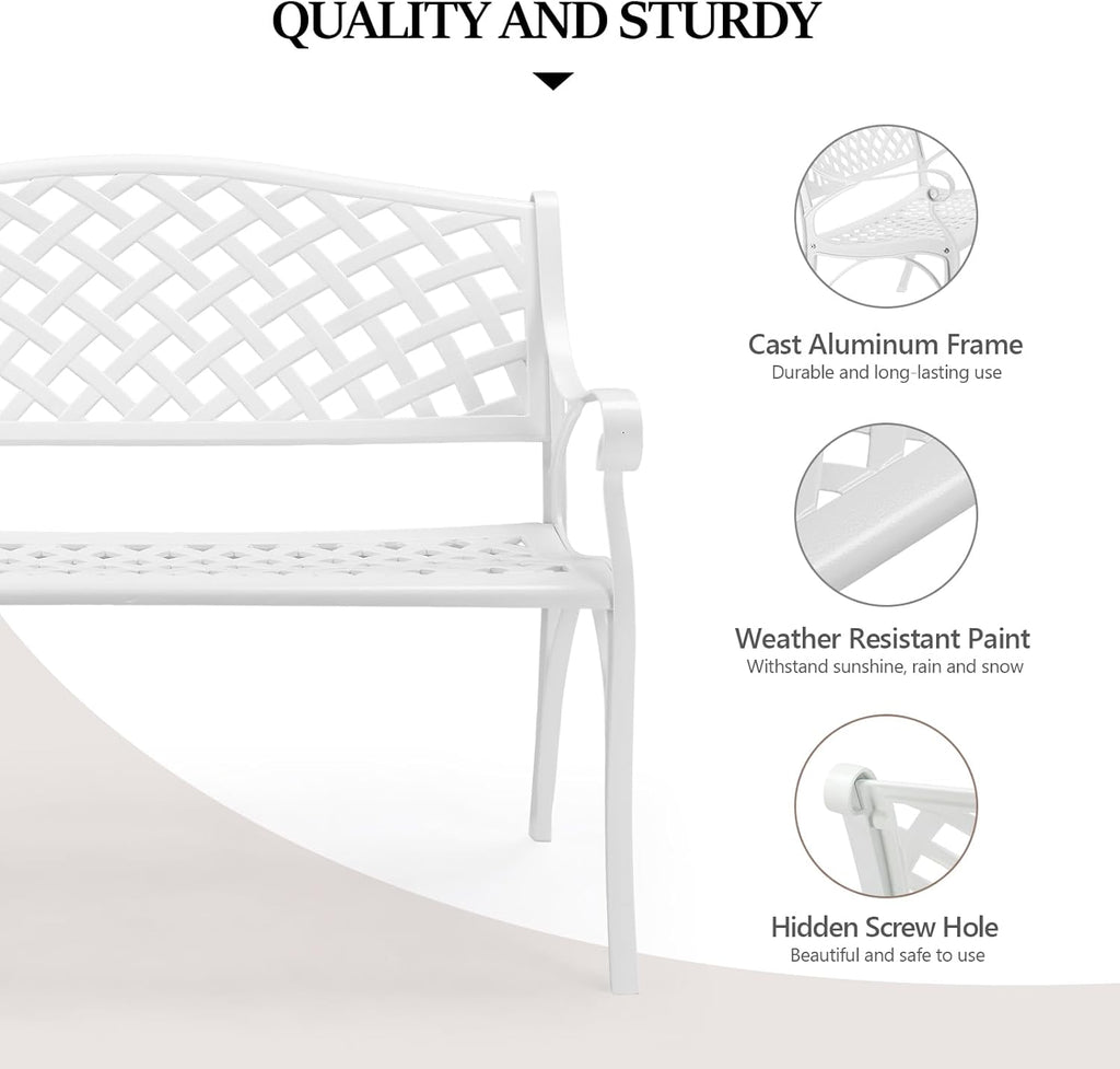 VINGLI 40.5" Patio Garden Bench,Anti- Rust Cast Iron Cast Aluminum Frame for Outdoor Path Yard Lawn Work Entryway Decor Deck (White)