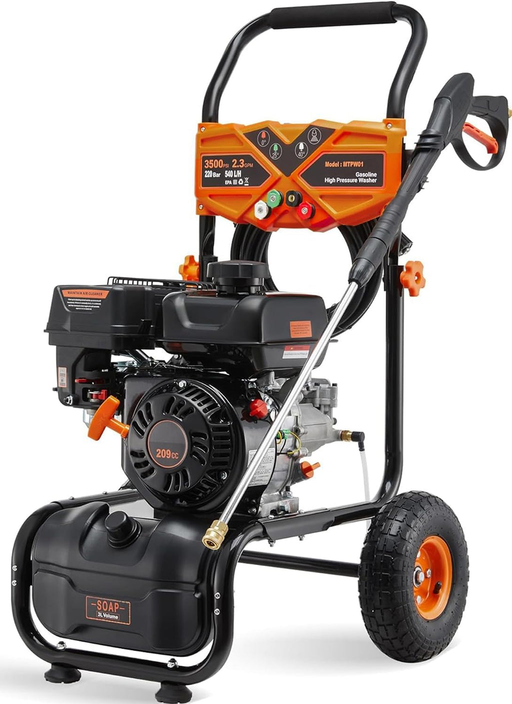 3500PSI Gas Pressure Washer, 2.3GPM Gas Powered High Pressure Washer with 209CC Engine, 4 Adjustable Nozzles, 25 ft High Pressure Hose for Cleaning Walls, Terraces, Vehicles, Gardens (Orange)