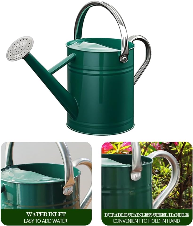 Metal Watering Can for Outdoor and Indoor Plants, Watering Can Decor, 1 Gallon (Green Stainless Steel Handle)