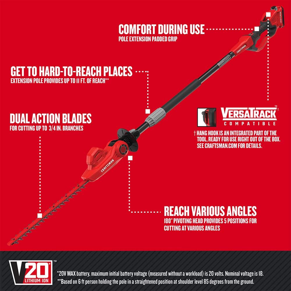 CRAFTSMAN V20 Cordless Pole Hedge Trimmer, 18-Inch, Extended Reach, Battery and Charger Included (CMCPHT818D1)