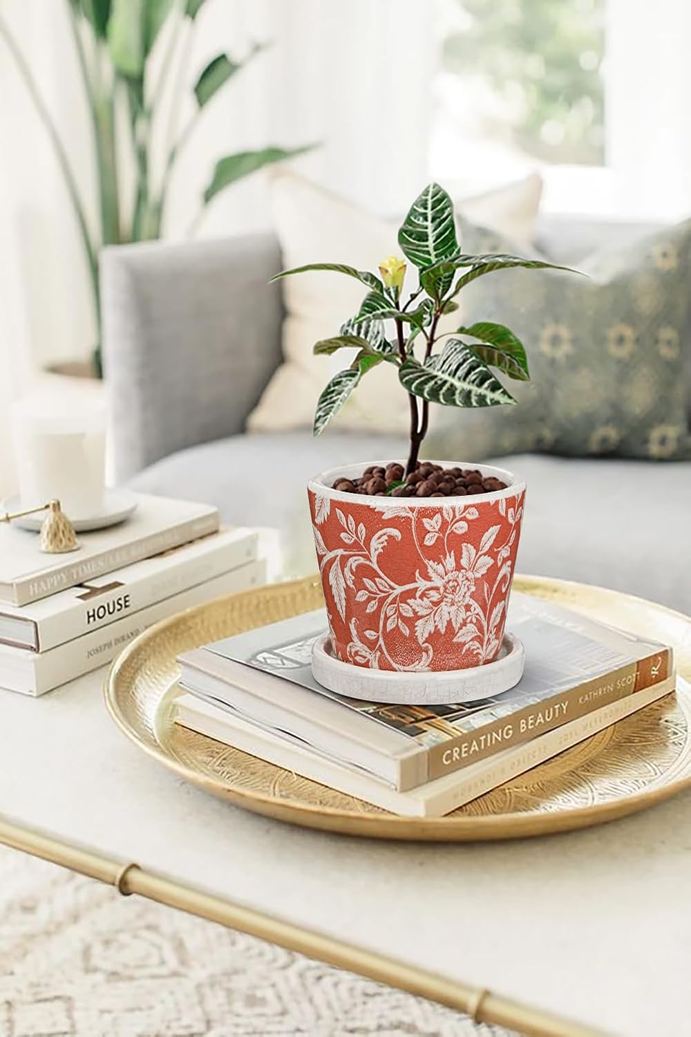 Set of 2 Ceramic Pink Orange Plant Pots with Drainage Hole and Saucers, Vintage Farmhouse Accent Planters for Indoor Plants, Round Flower Pots Rustic Succulent Pot Terracotta Tubs 5.7/4.7 Inch