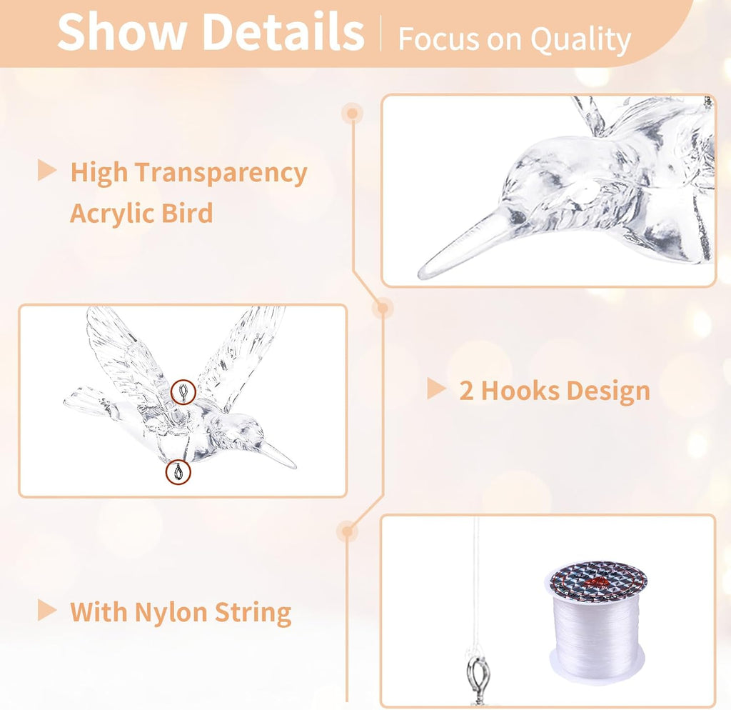 NUPTIO Crystal Ceiling Hanging Ornaments: 50 Pcs Acrylic Flying Birds for Wedding Party Window Garden Bedroom Outdoor Birthday - Christmas Tree Decorations with Transparent Line