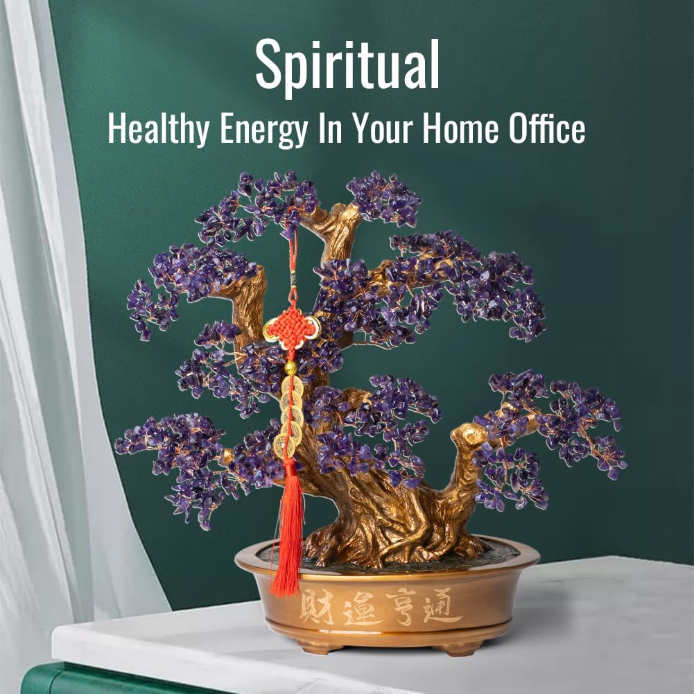 Natural Amethyst Gemstone Crystal Bonsai Tree of Life （1,350 Gemstone Count） Large Feng Shui Money Chakra Tree for Luck and Wealth Desk Decoration 20 Inches