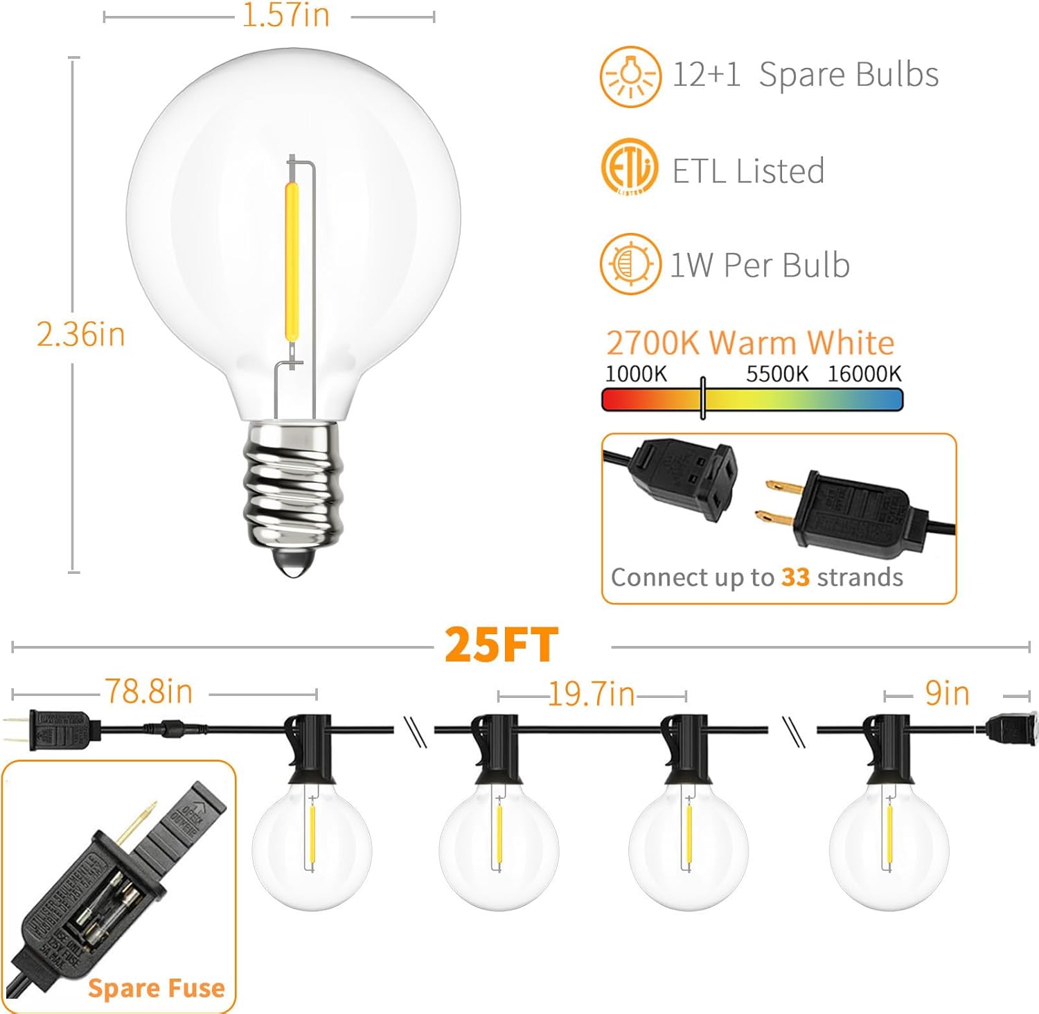 Svater Outdoor String Lights LED 25 FT, Patio Globe Lights with 13 Plastic G40 Bulbs, Waterproof Dimmable Outside Hanging Light for Backyard Bistro Cafe Porch Party Decor, 2700K Warm White