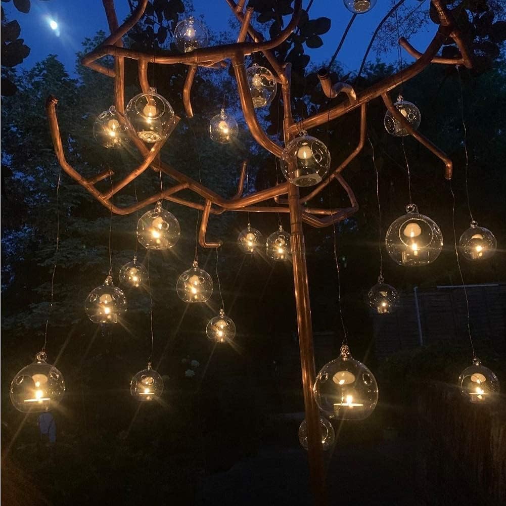 Sziqiqi Hanging Glass Tealight Candle Holder with LED Candles - 3.15inch Tea Light Globe Terrarium Holders Ornament for Wedding Christmas Birthday Halloween Party Centerpieces Decor 8pcs