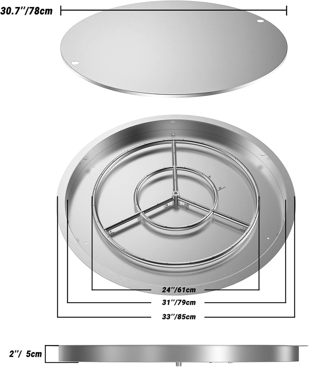 Skyflame 31" x 31" Round Stainless Steel DIY Drop-in Firepit System Assembly Set, Including Fire Pit Pan Fire Bowl with Burner Ring and Protective Cover