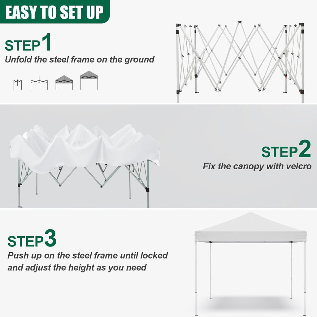 10x10ft Pop Up Canopy Tent,Heavy Duty Waterproof Folding Tent for Camping Parties Events Parties,Outdoor Canopy,Portable Sun Shelter,3 Adjustable Height(White)