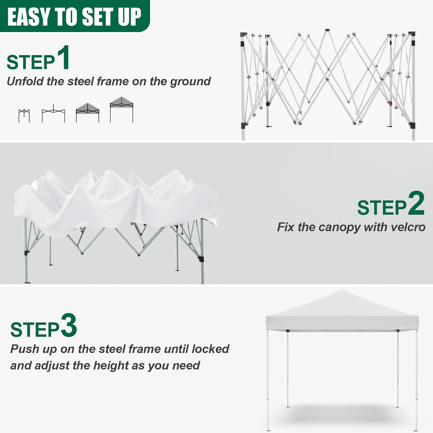 10x10ft Pop Up Canopy Tent,Heavy Duty Waterproof Folding Tent for Camping Parties Events Parties,Outdoor Canopy,Portable Sun Shelter,3 Adjustable Height(White)