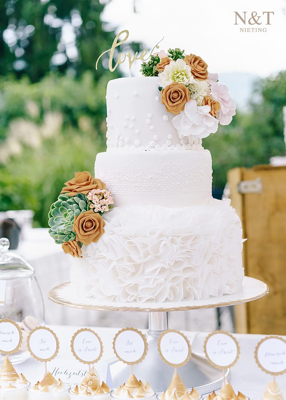 N&T NIETING Artificial Rose Flowers, 25pcs Fake Flowers Fall Yellow Rose DIY for Wedding Bridesmaid Bridal Bouquets Centerpieces Party Cake Decoration Home Display, Gold Yellow