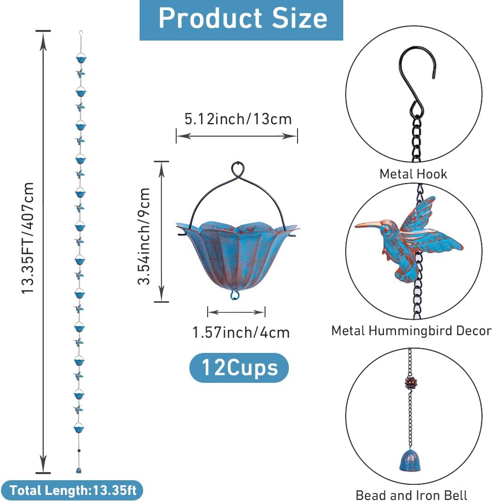 13.4FT Rain Chain, Hummingbird Rain Chains for Outside, Copper Rain Chain Bell with 12 Cups, Decorative Rain Catcher Chain Replacement Downspout for Gutters