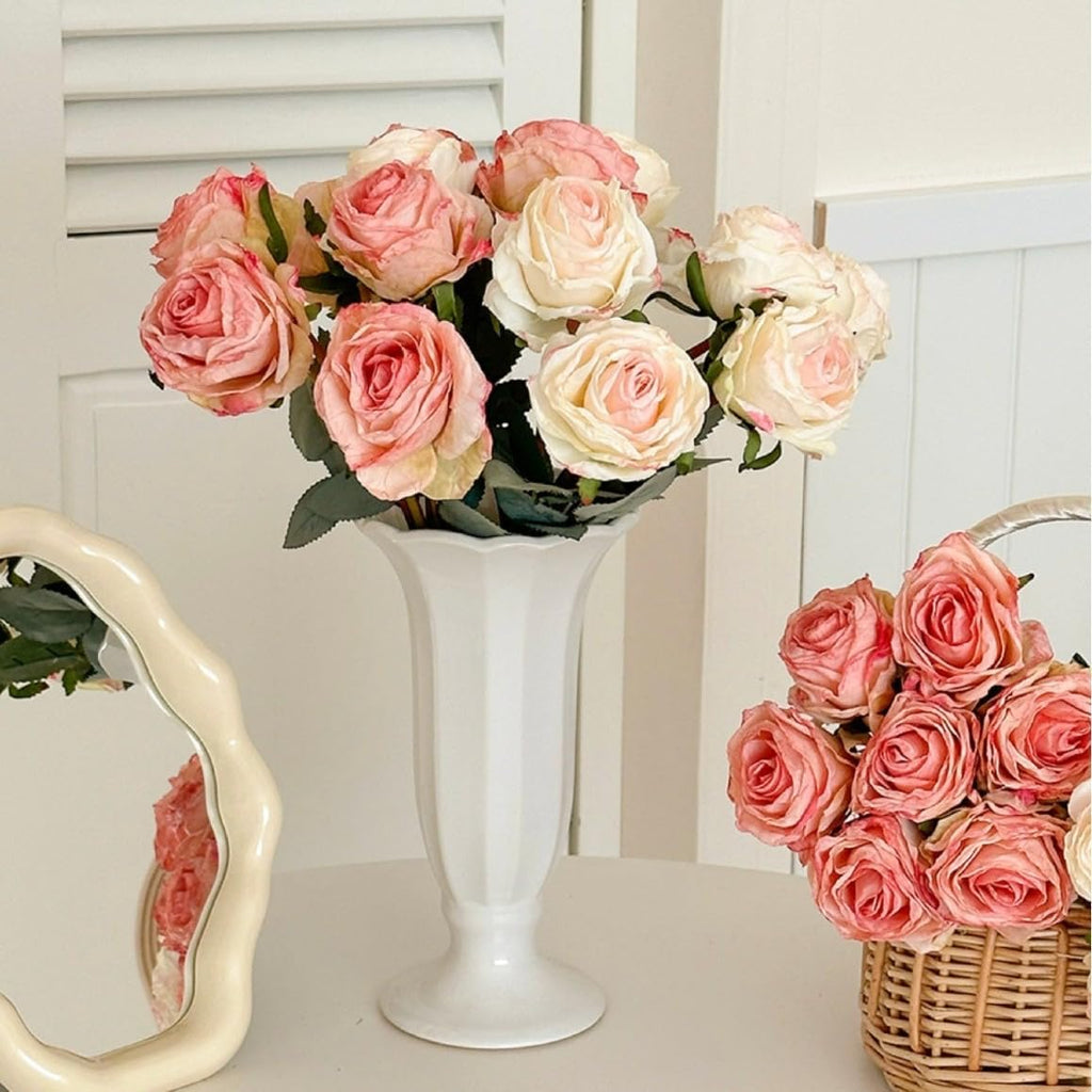 Kimura's Cabin 12pcs Pink Artificial Rose Flowers with Stems Realistic Vintage Fake Roses Bouquet for Home Table Centerpieces Wedding Party Arrangements Decoration Dried Flower (Pink