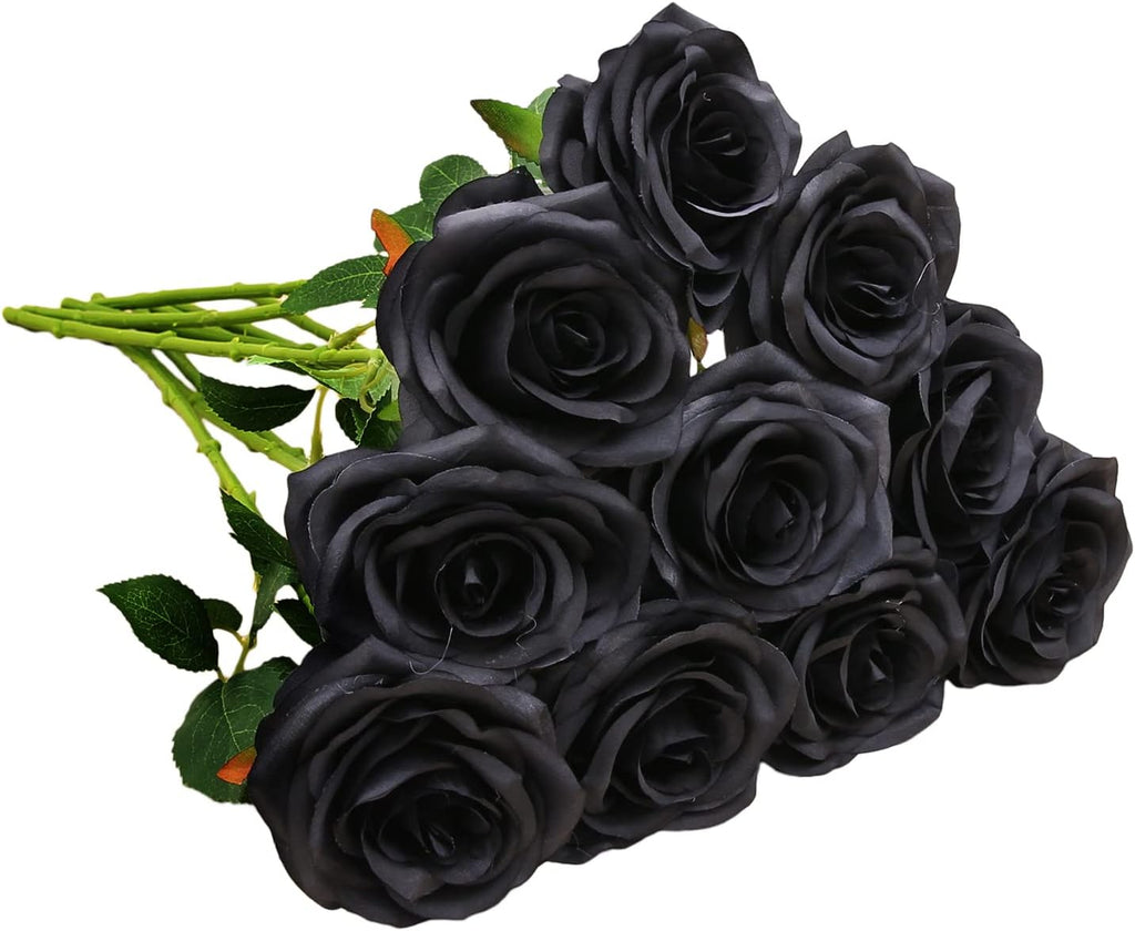 Artificial Rose 10pcs Open Flower Bouquet Black Faux Rose Stems for Wedding Arrangement, Bridal Bouquet, Centerpiece, Fake Faux Silk Flowers