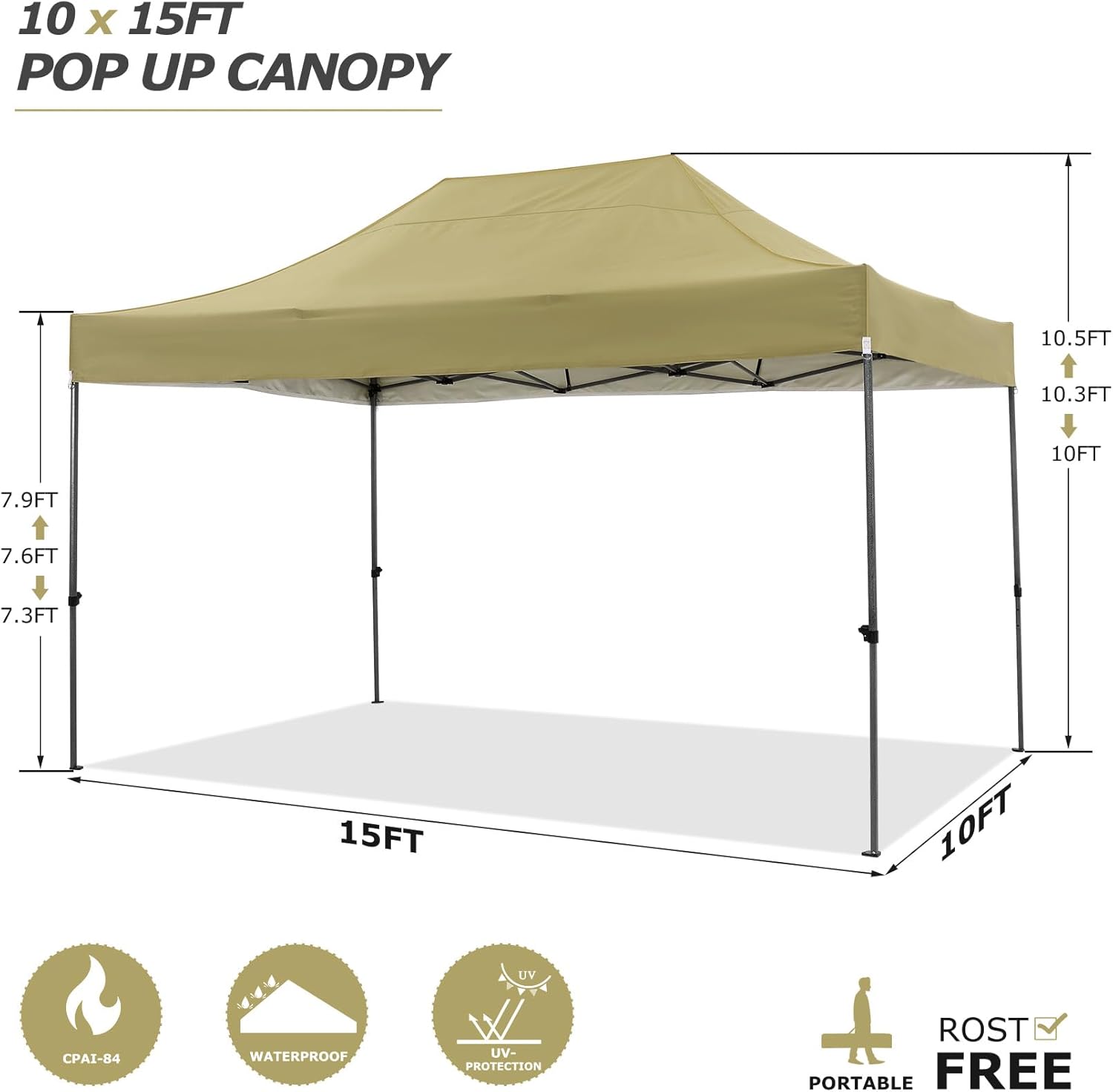 COBIZI 10x15 Pop up Canopy Heavy Duty with 4 Sidewalls, Easy Set-up Commercial Outdoor Party Canopy, 100% Waterproof Wedding Gazebo, 3 Height Adjustable with Handbag, Khaki