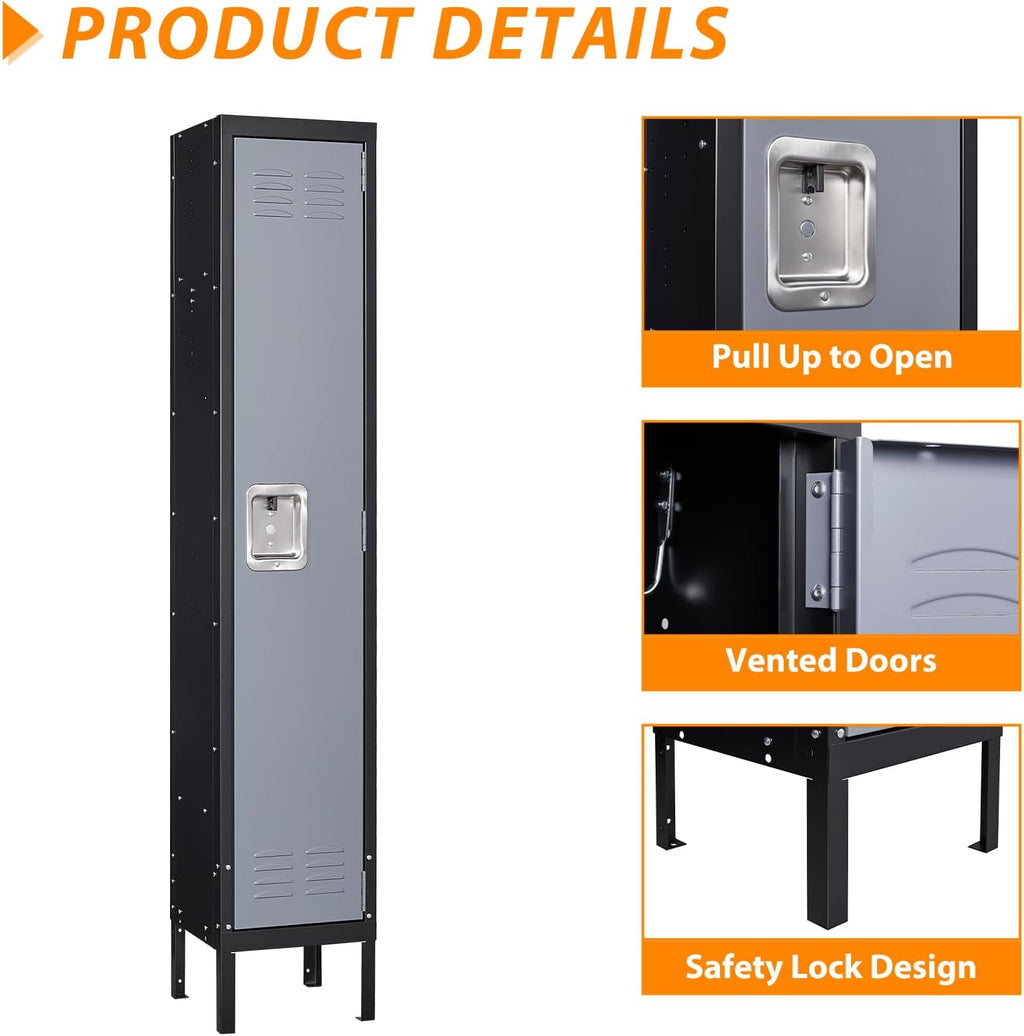 Metal Locker for Home, Dressing Room, Gym, 65.98" Steel Storage Lockers for Employees, Lockable Locker Cabinet with 1 Door (Grey Black)