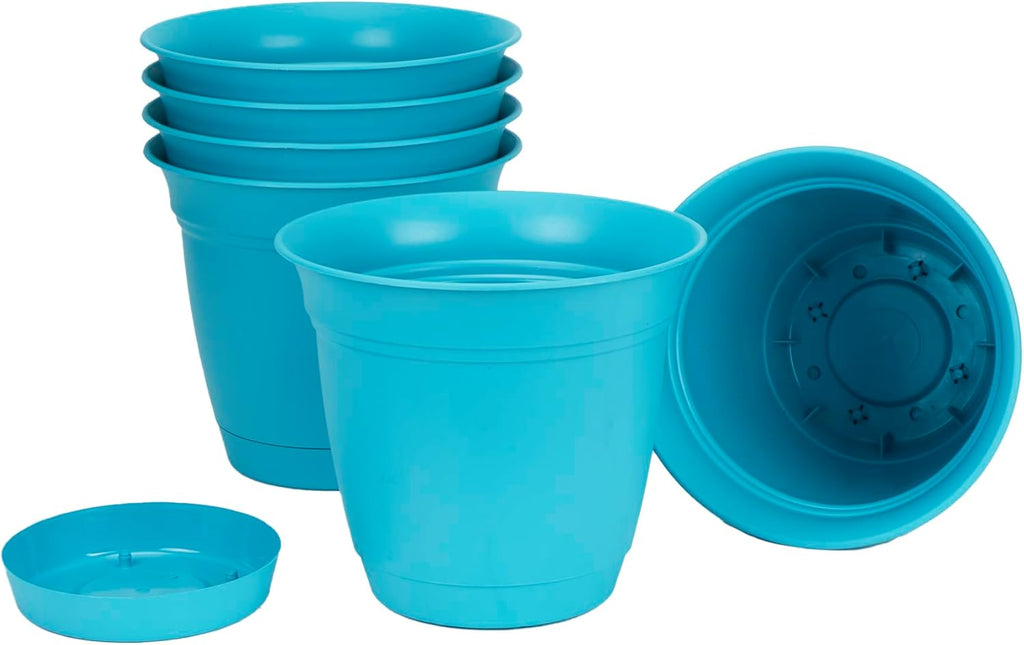 The HC Companies Eclipse Round Planter with Saucer - Outdoor & Indoor Plant Pot with Drainage Holes - Lightweight, UV-Resistant Plastic Pots for Plants, Flowers & Herbs (8" Teal, Pack of 6)