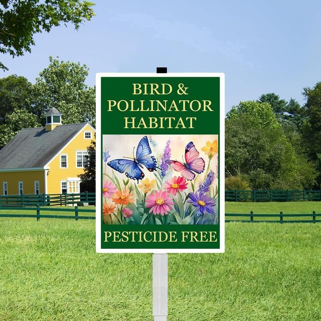 Bird and Pollinator Habitat Pesticide Free Yard Sign With Stakes 8X12 inches Rustproof Reflective Aluminum Pollinator Friendly Garden Sign Stand Butterfly Outdoor Decor