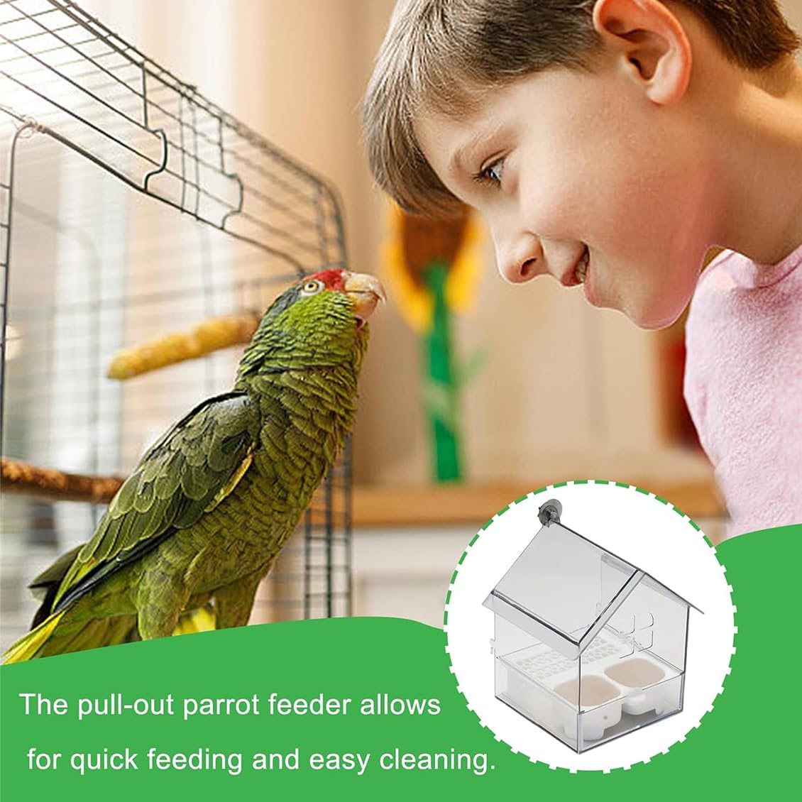 2026 New Pull-Out External Parrot Feeder, Bird Bath for Cage, 7*6*5.5in Bird Feeder House, Transparent Parakeet Cage Accessories, Easy To Fill, Clean, Long-Lasting, for Finch and Hummingbird (Green)