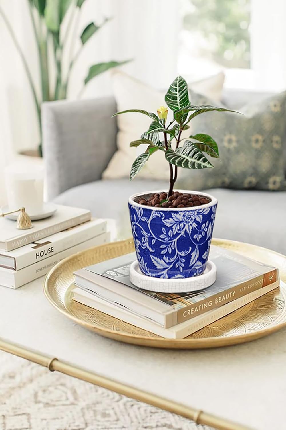 Set of 2 Ceramic Blue and White Plant Pots with Drainage Hole and Saucers, Vintage Farmhouse Accent Planters for Indoor Plants, Round Flower Pots Rustic Succulent Pots Terracotta Tubs 5.7/4.7 Inch