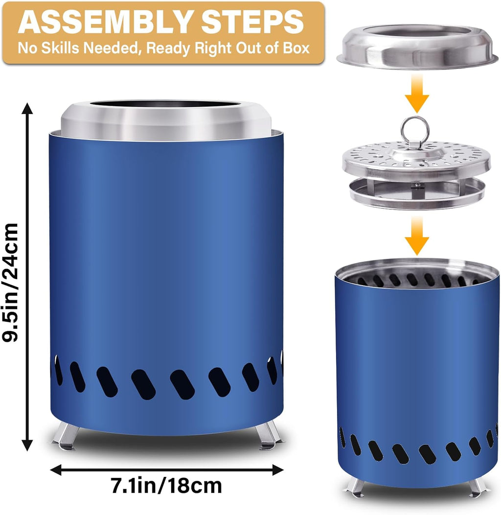 HGD 9.6 x 7.1 in Small Tabletop Fire Pit, Portable Mini Smokeless Table Top Firepit, Low Smoke Camping Stove for Outdoor & Patio, Fueled by Pellets or Wood, with Travel Bag, Stainless Steel, Blue