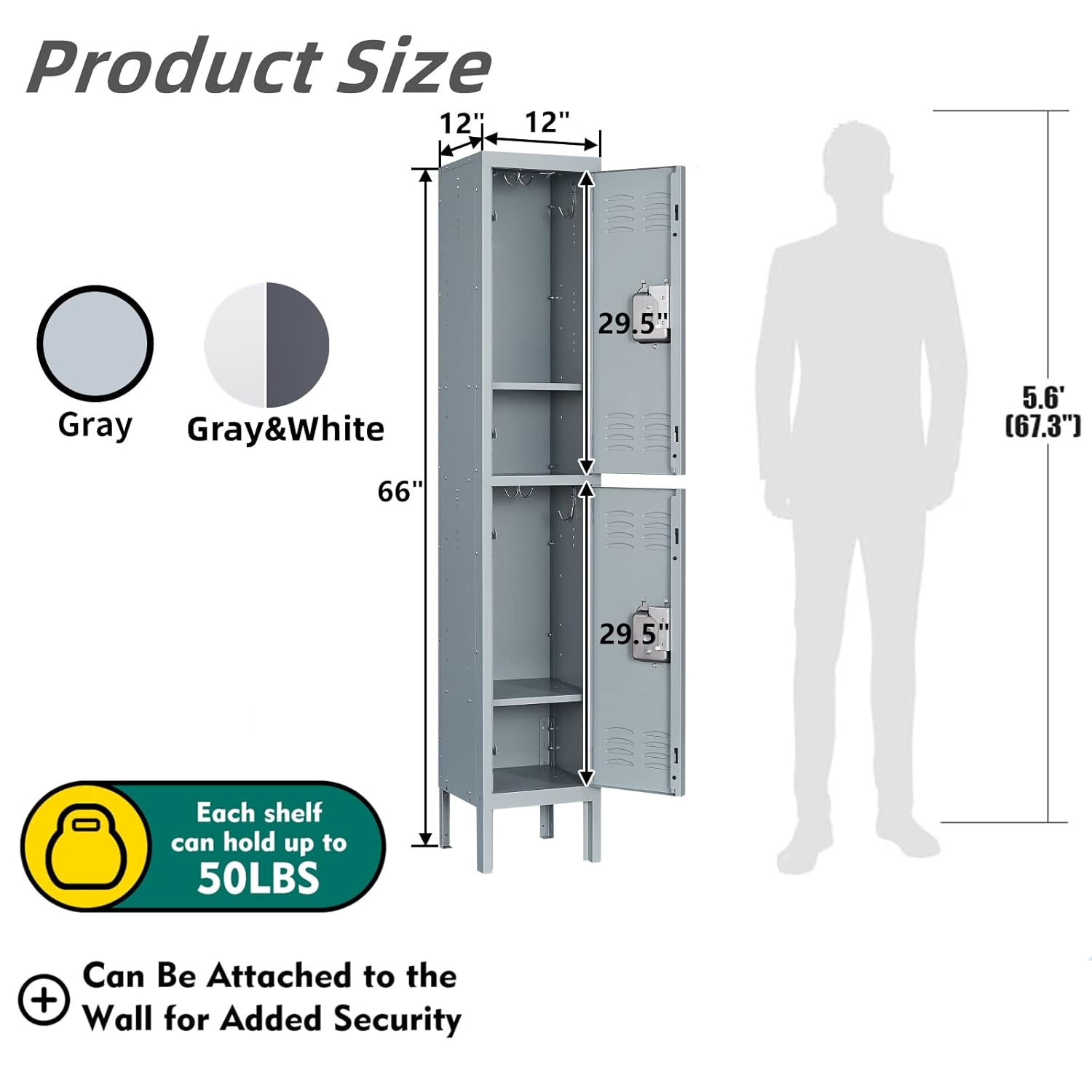 Yizosh Metal Lockers for Employees with Lock, Employees Locker Storage Cabinet with 1 Doors, Tall Steel Storage Locker for Gym, School, Office (Gray, 2 Door)