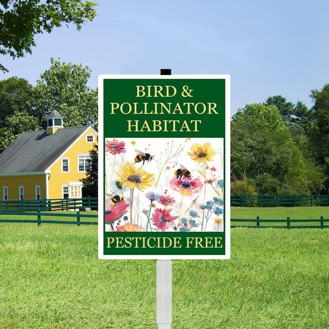 Bird and Pollinator Habitat Pesticide Free Yard Sign With Stakes 7x9.8 inches Rustproof Reflective Aluminum Pollinator Friendly Garden Sign Stand Bee Outdoor Decor