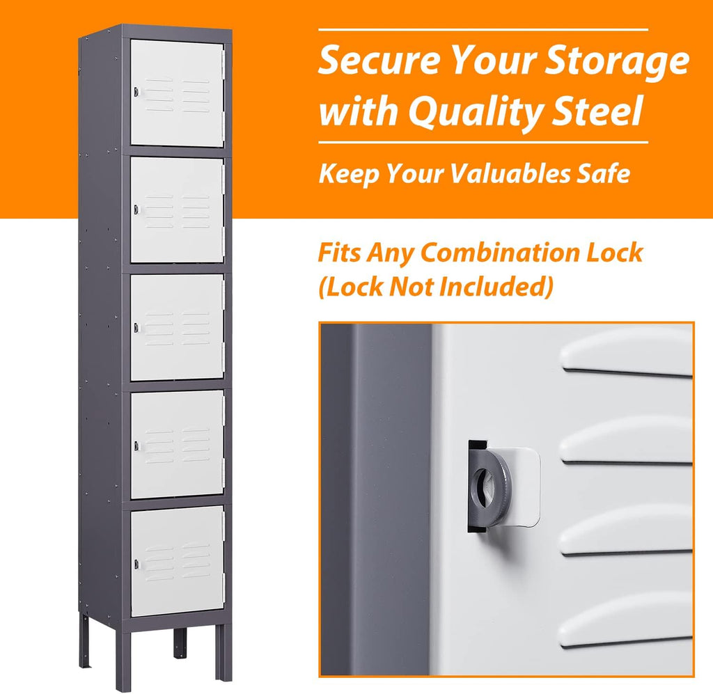 Metal Locker with 5 Doors, 5 Tier Locker Steel Employees Lockers, Tall Steel Storage Lockers for School, Home, Office, Gym(Grey White), (ML-0721)