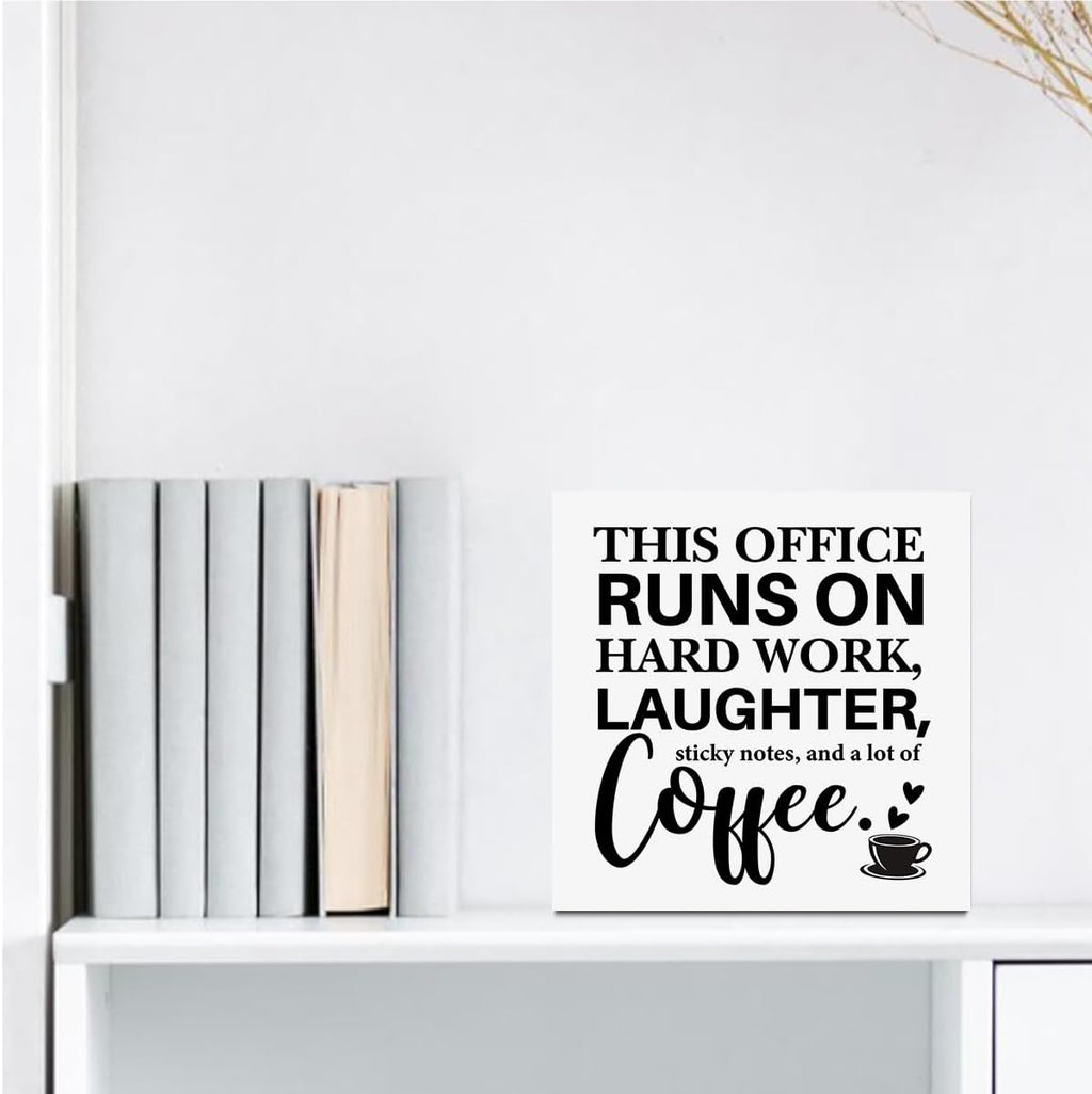 Farmhouse Office Desk Accessories Wooden Box Sign, Positive, This Office Runs on Hard Work Wooden Sign Decorations for Table Shelf, Tabletop Coffee Decor