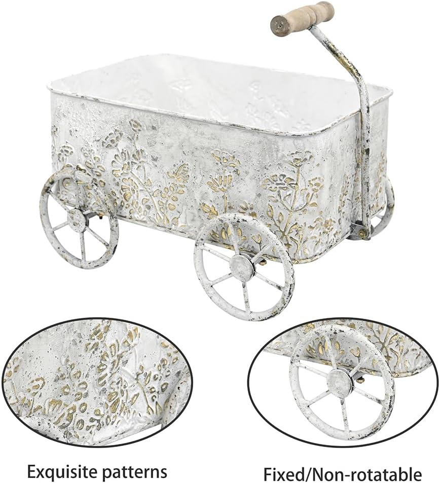 Flower Cart with Wooden Handles, Metal Wagon Planters for Outdoor Plants, Garden Planter with Wagon Wheels, Decorative Wheelbarrow, Plant Cart for Patio Garden Balcony (White)